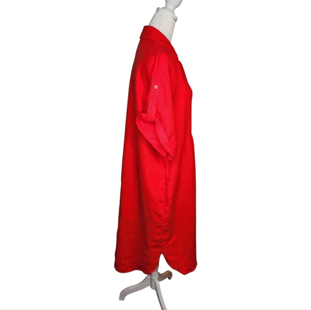 NEW Chicos Linen Roll Tab Sleeve Midi Dress in Watermelon Punch Size 1.5 US 10 - Picture 2 of 10